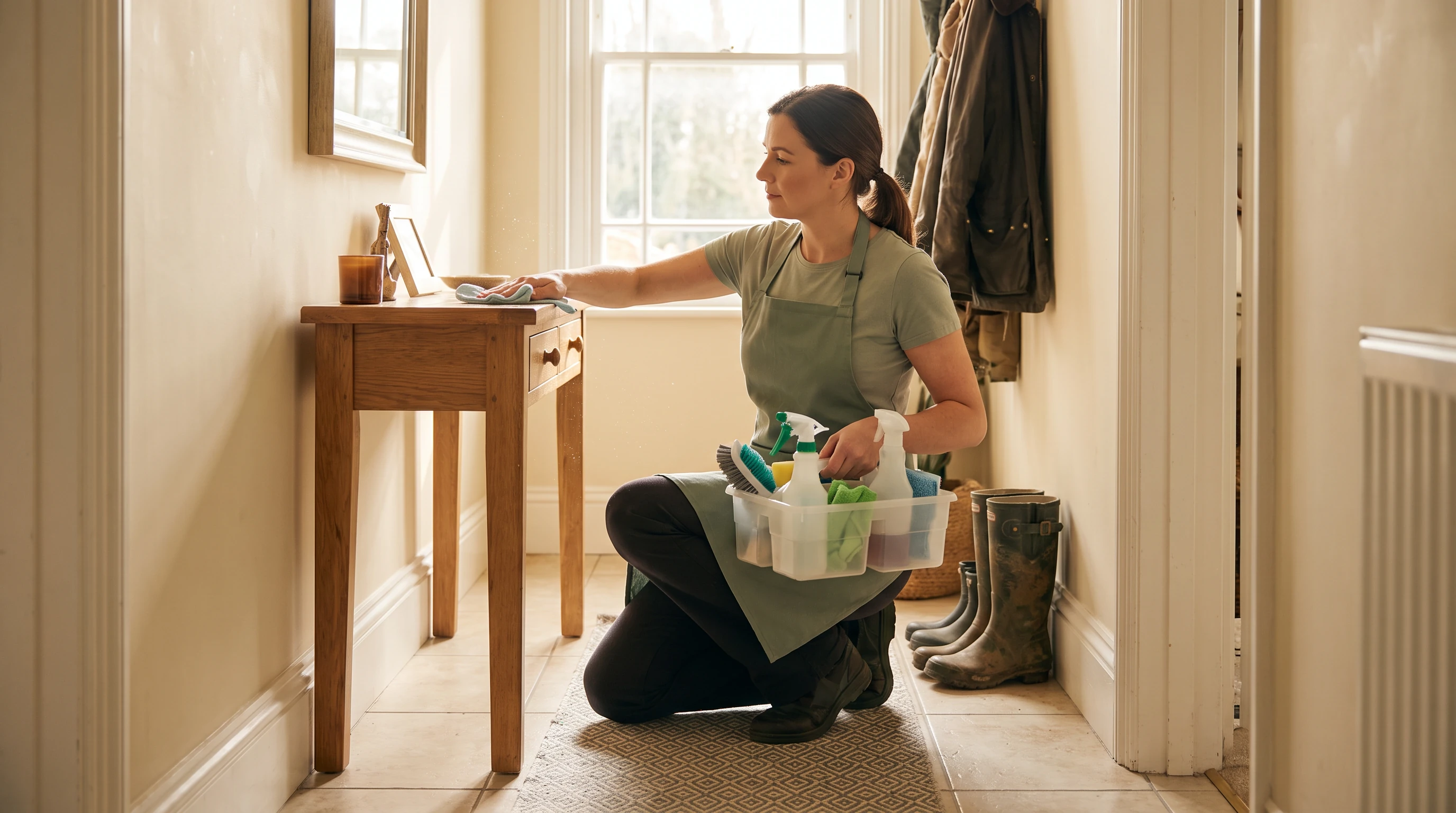 Cleaner wiping down a kitchen worktop in a Derbyshire home